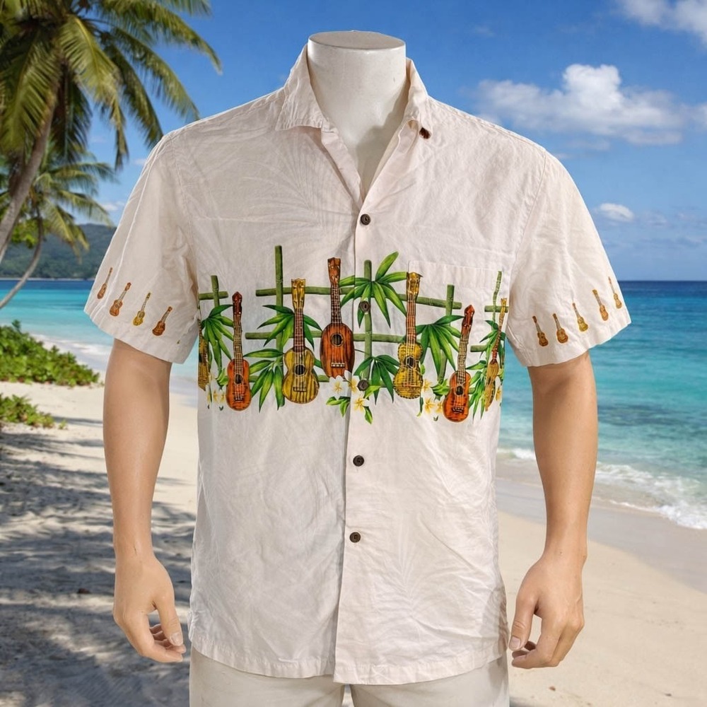 Pacific Legend Hawaiian Aloha Shirt Medium Guitars Bamboo Pale Pink-White